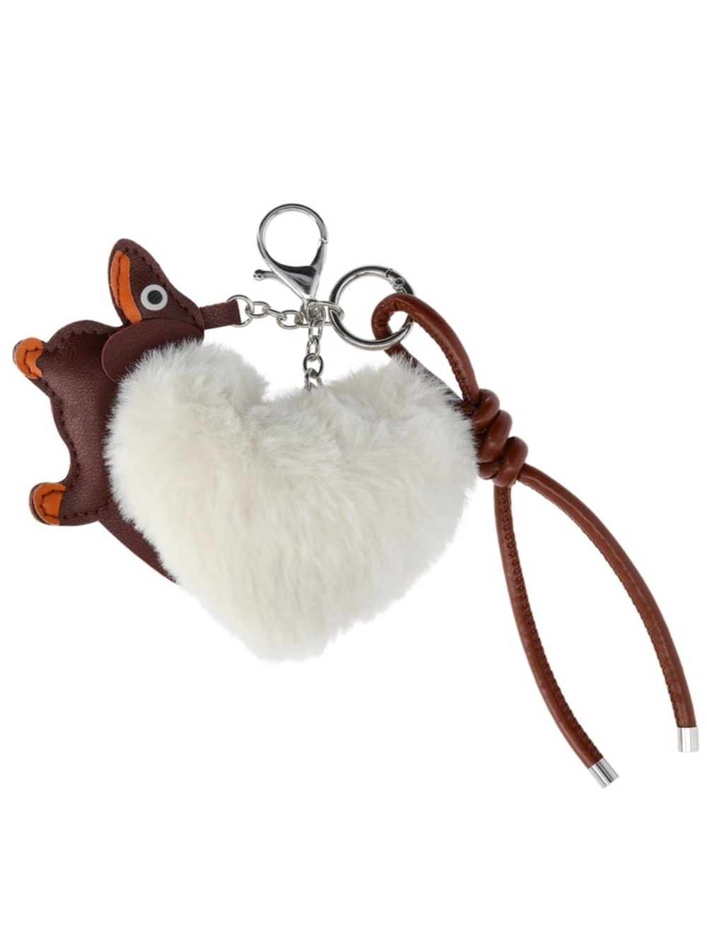 NWT No Boundaries Women's Dog & Heart Pom Pom Bag Charm, Girl Keychain Bag Brown